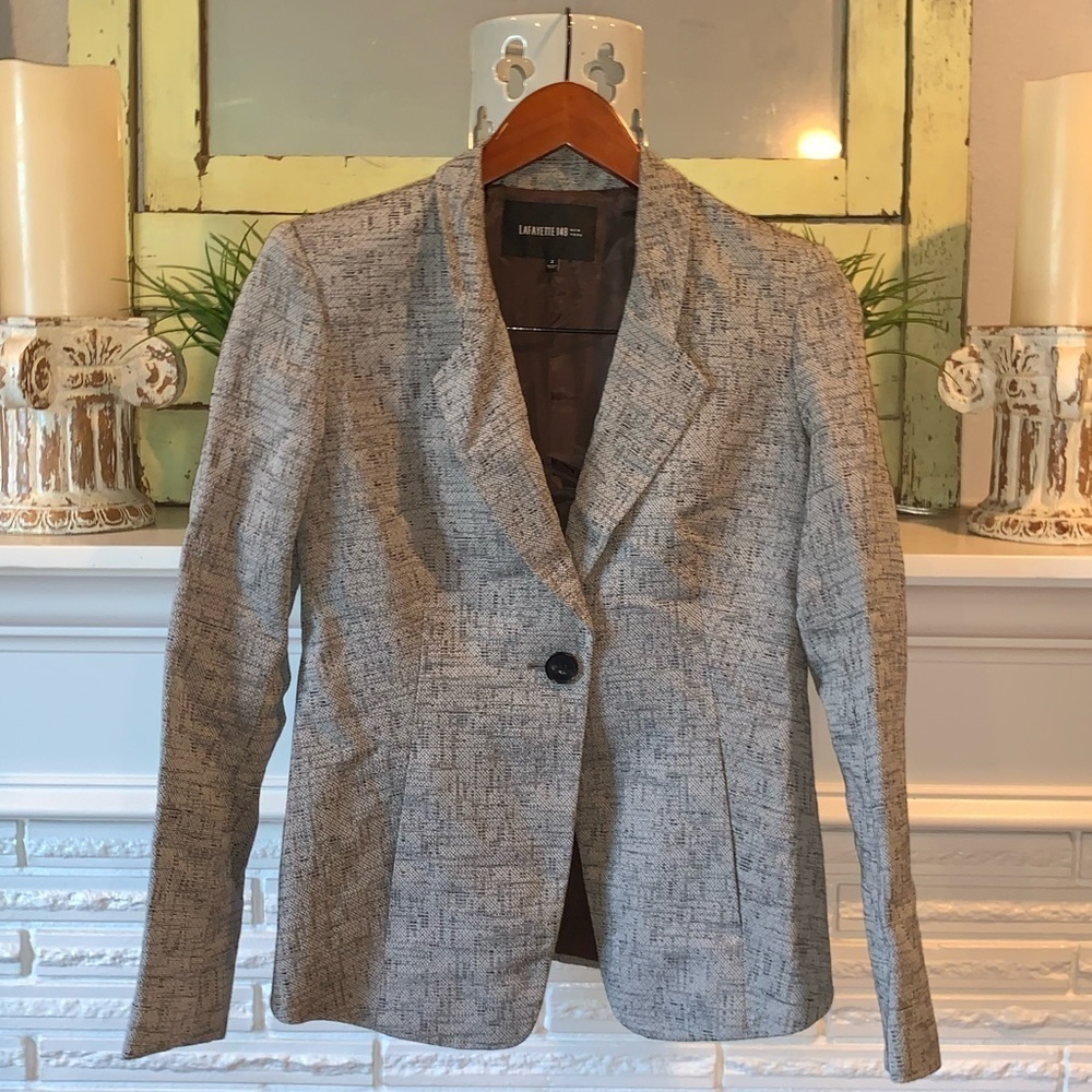 Lafayette 148 NY Linen & Cotton Blend Black Gray Fitted Single Button Blazer 2